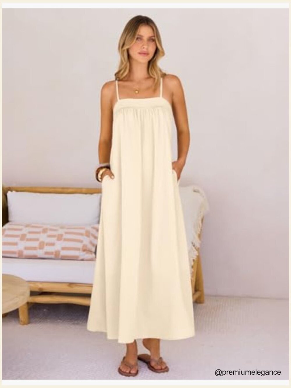 Linen Blend Maxi Sundress with Spaghetti Straps, Side Pockets, Size Small - Picture 3 of 7